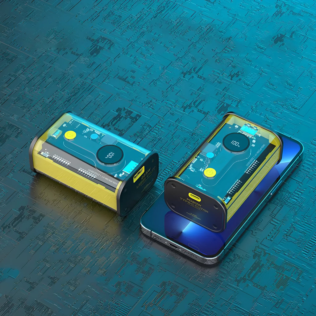 Transparent industrial power bank showing internal components with aluminium case and 10000mAh capacity