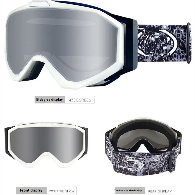 Motorcycle goggles with double-layer anti-fog lenses in a black frame with gray film, shown with its storage cloth bag.