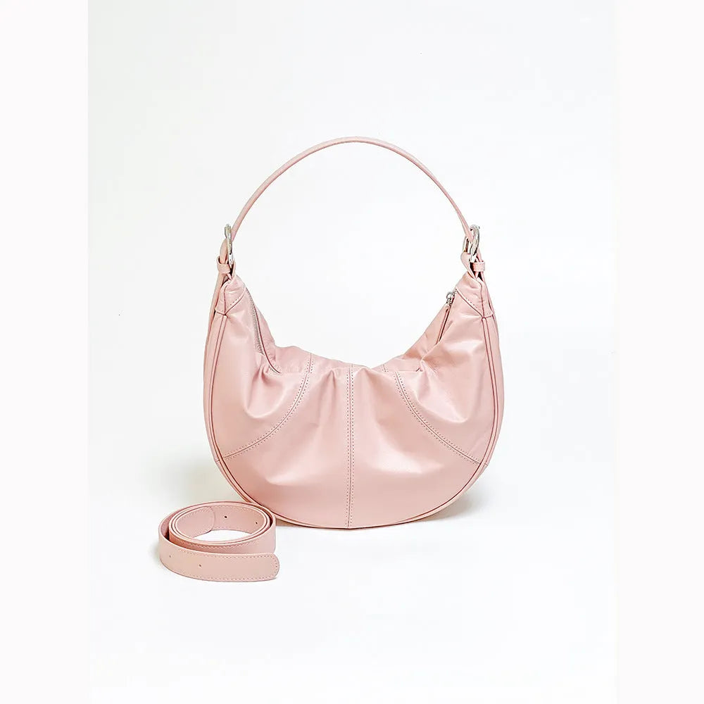 Women's soft dumpling shape shoulder bag in first layer cowhide leather with dual straps