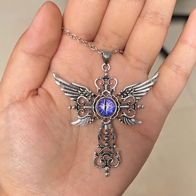 Alloy devil wings cross pendant necklace showing geometric design in available colour options