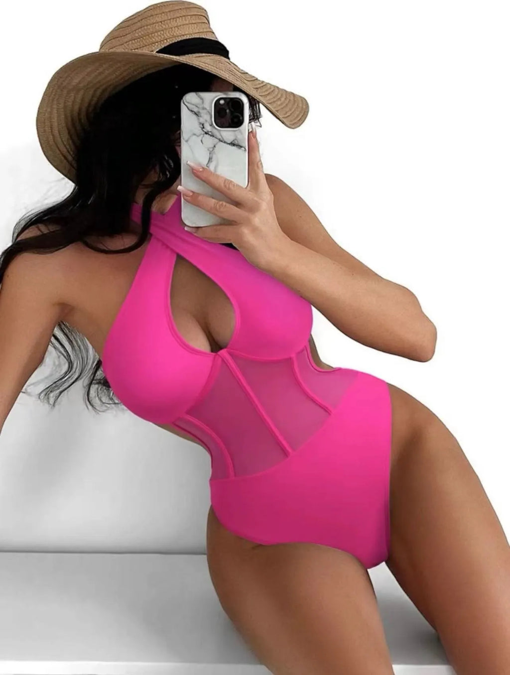 Ladies black one-piece swimsuit bikini made from nylon and spandex fabric on a mannequin.