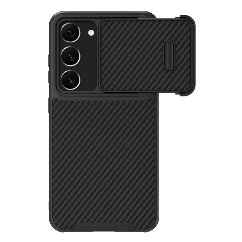 Black Samsung S23 Ultra mobile phone case with lens cover protection