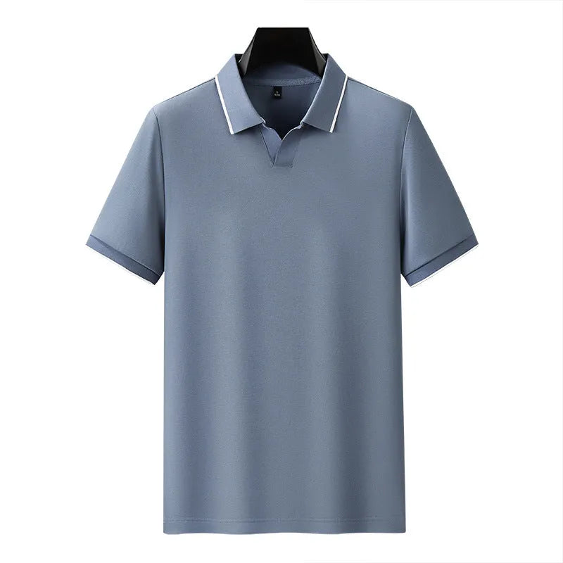 Mercerized cotton blend short sleeve polo shirt with pearl cotton lapel in solid colour