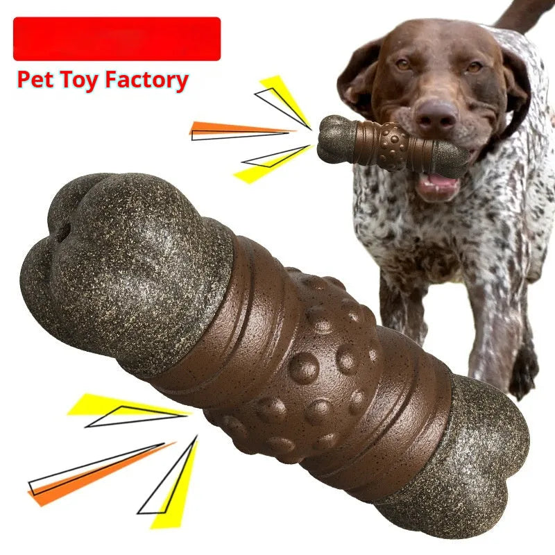 Wood colour plastic bone-shaped dog dental chew toy with textured surfaces for teeth cleaning
