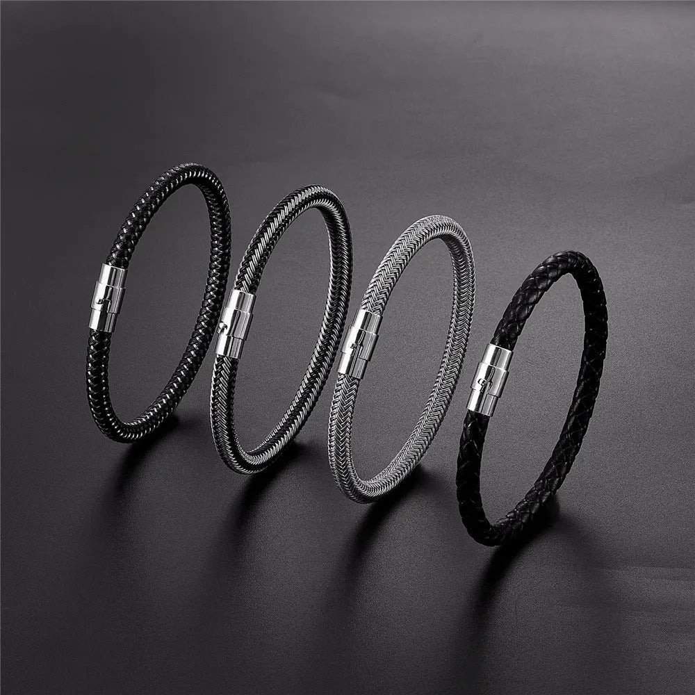 Men's geometric titanium steel bracelet with a magnetic clasp on a wrist.
