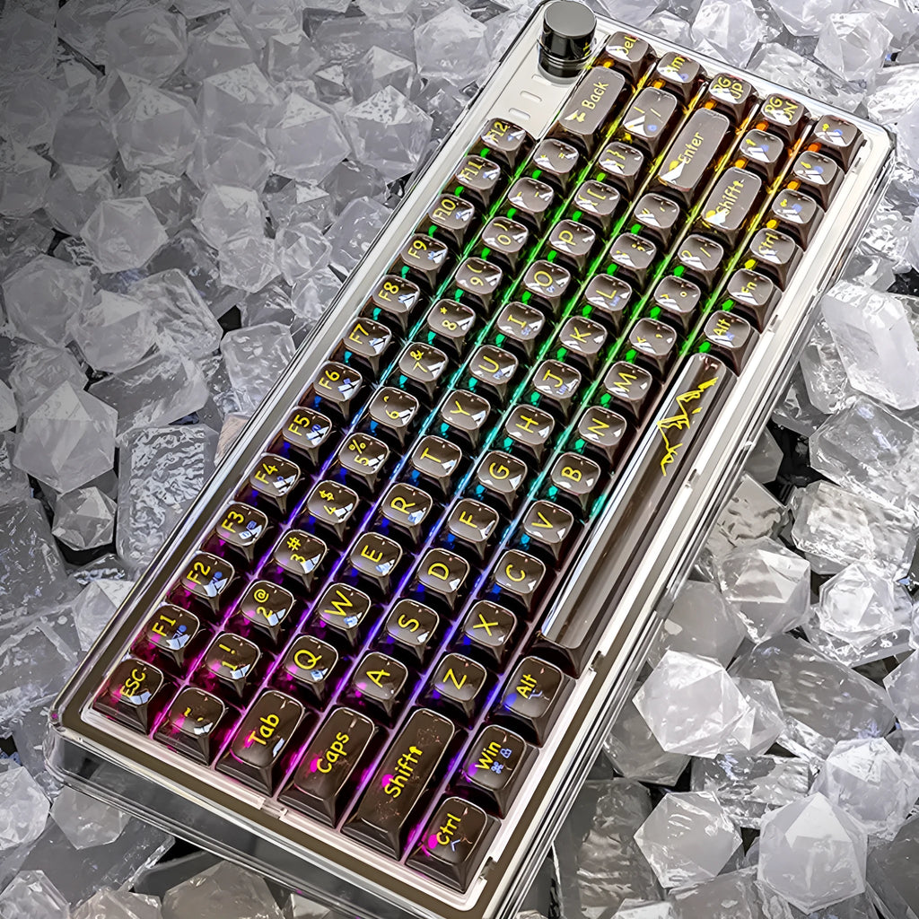 Attack Shark K75RGB wireless mechanical keyboard with transparent black case showing RGB backlighting