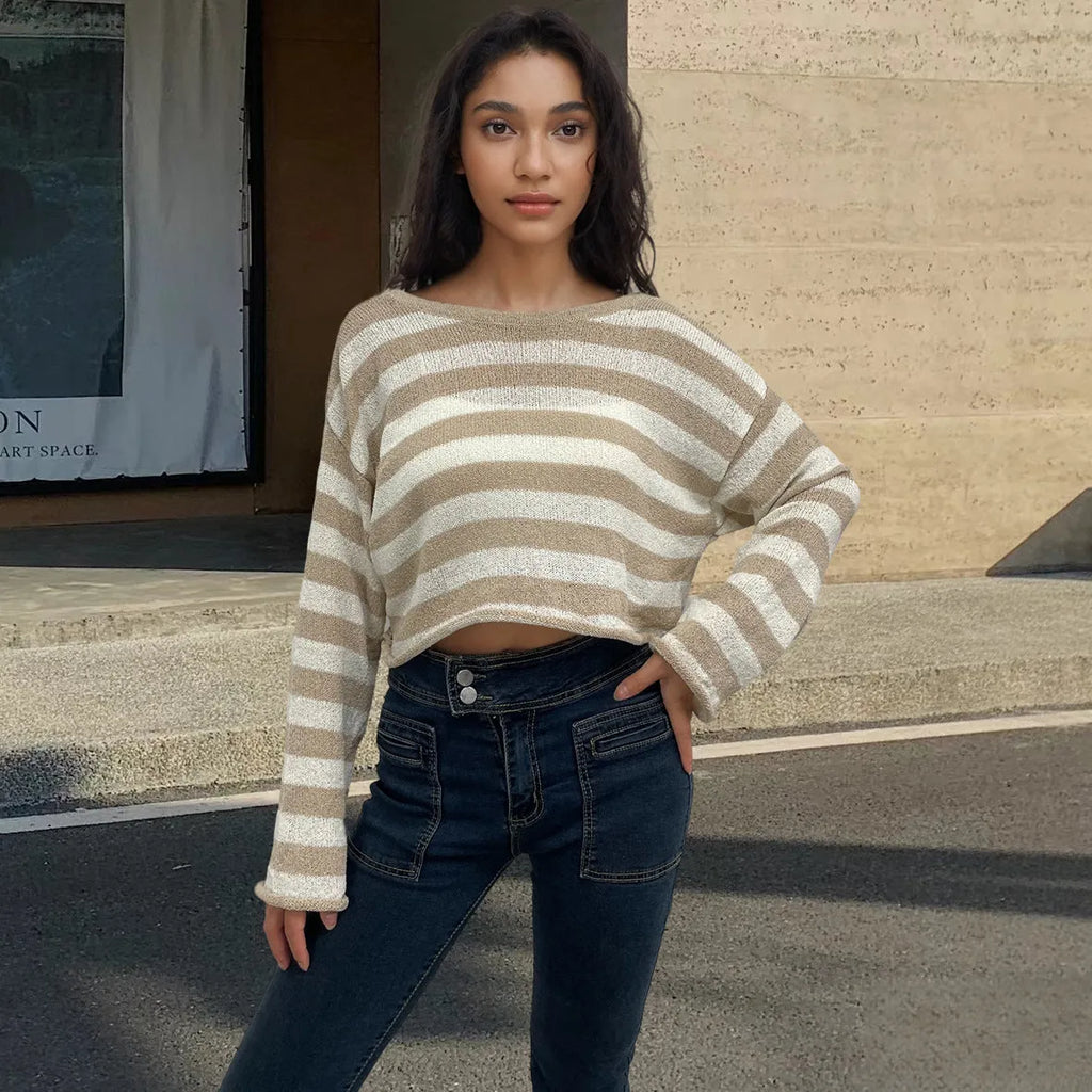 Women's striped long-sleeved sweater with exposed navel detail in mercerised cotton