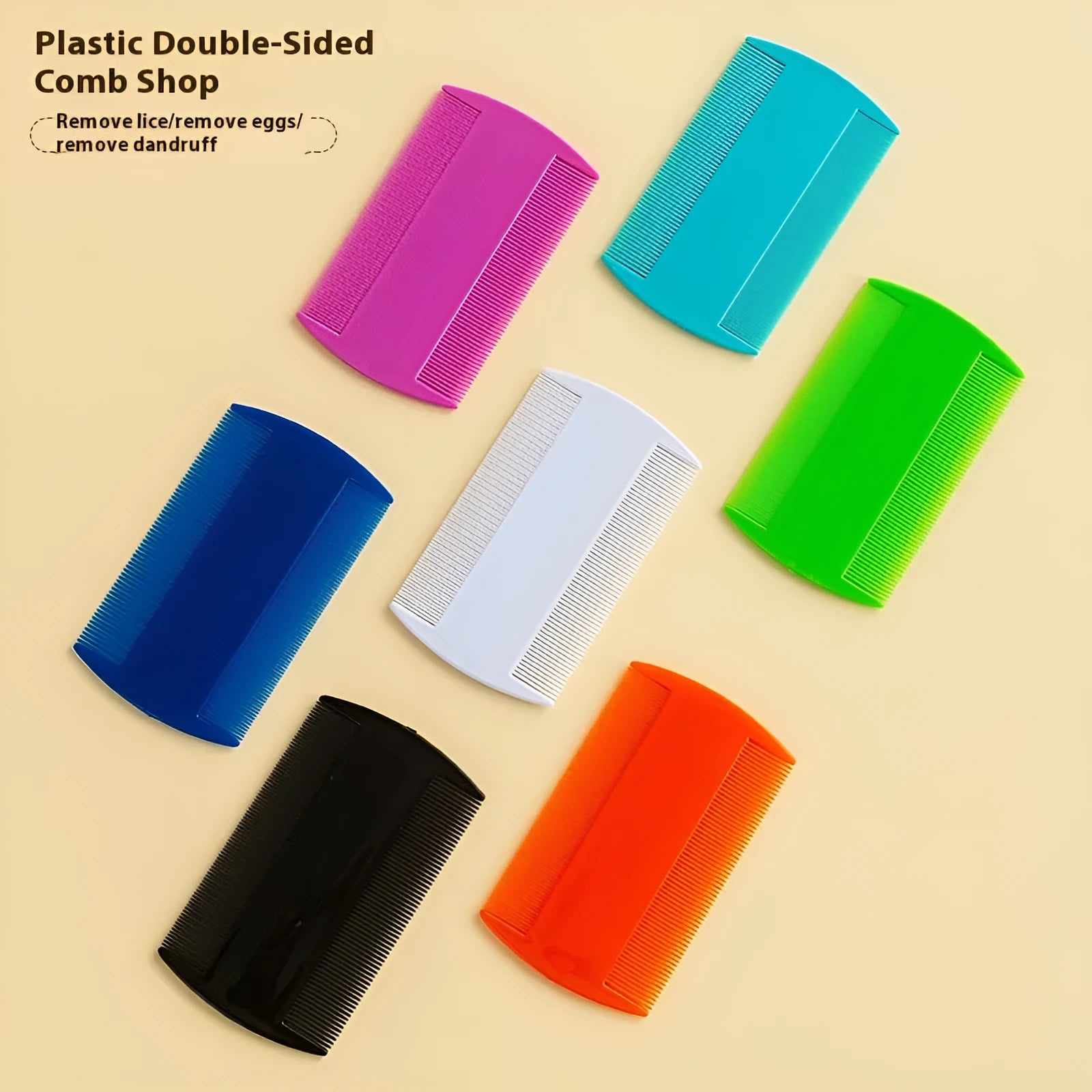 Fine-toothed double-edged plastic lice and flea comb in multiple colours