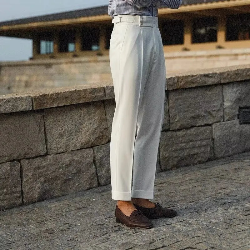 Men's slim fit straight leg formal trousers in black, white, and apricot colours on a size chart background.
