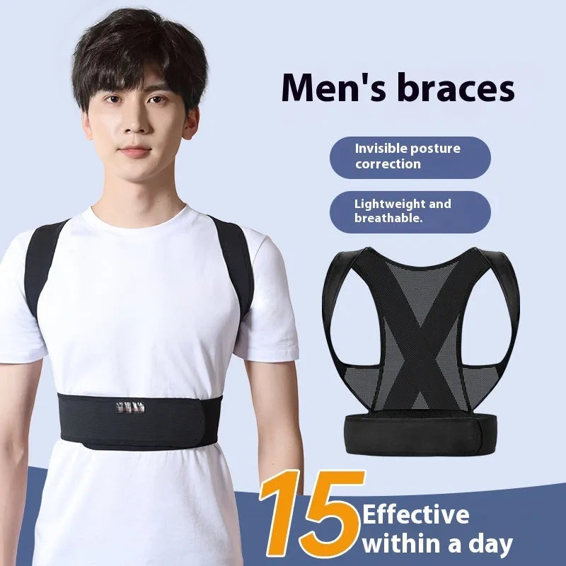 Hollow O men's beige and black posture correction belt for hunchback support, shown with sizing options.