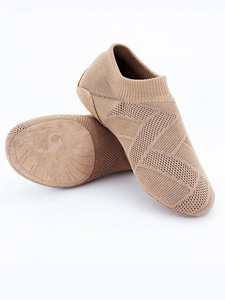 Camel coloured Latin dance shoes with cotton mesh upper and leather sole.