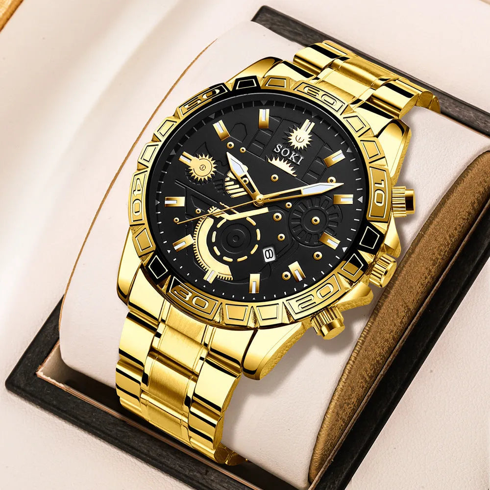 Gold stainless steel men's business watch with calendar display and steel bracelet