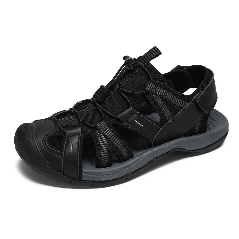 Men's blue casual sports shoe with Velcro straps and a breathable mesh upper on a rubber sole.