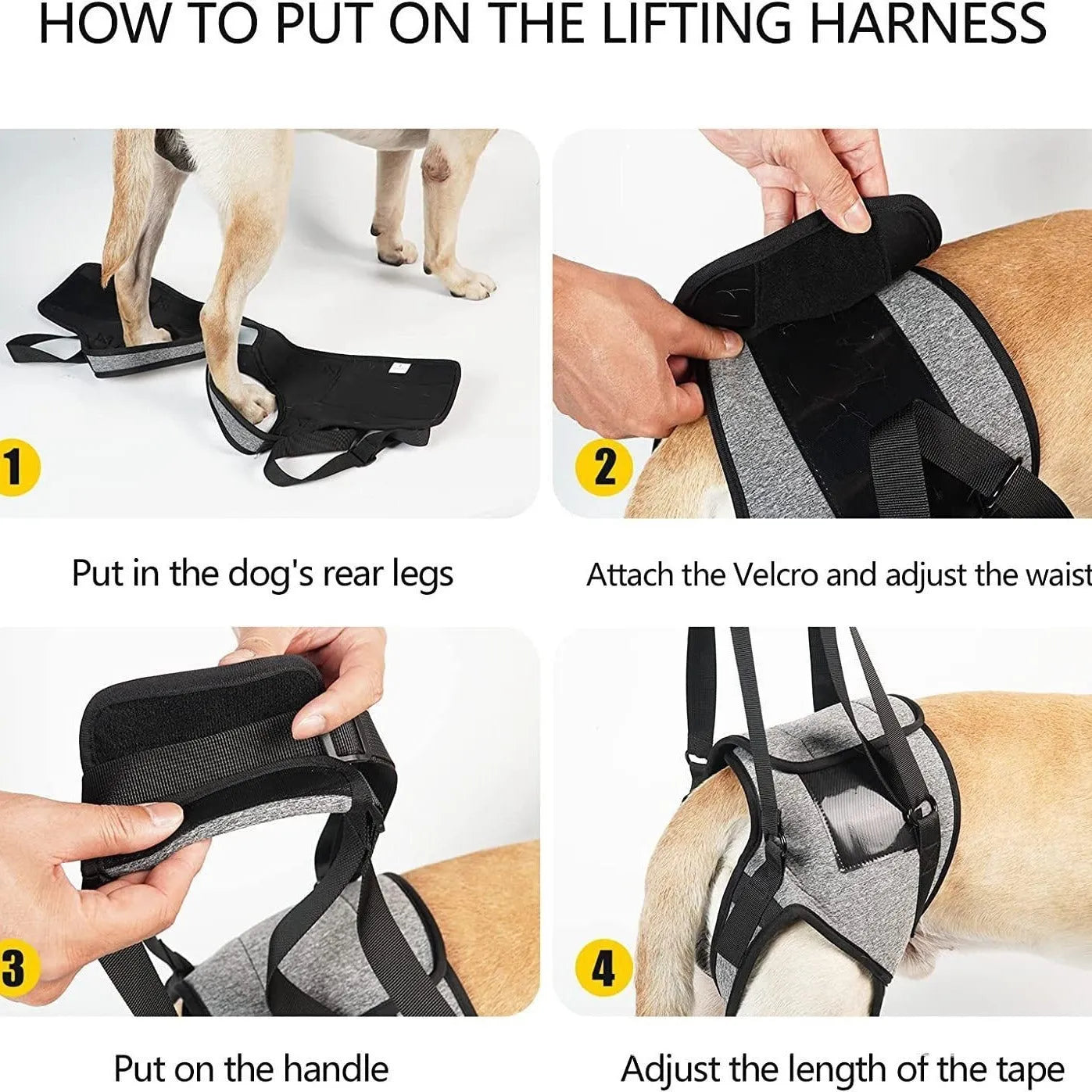 Grey neoprene dog recovery belt with adjustable waist and thigh straps for rear leg support