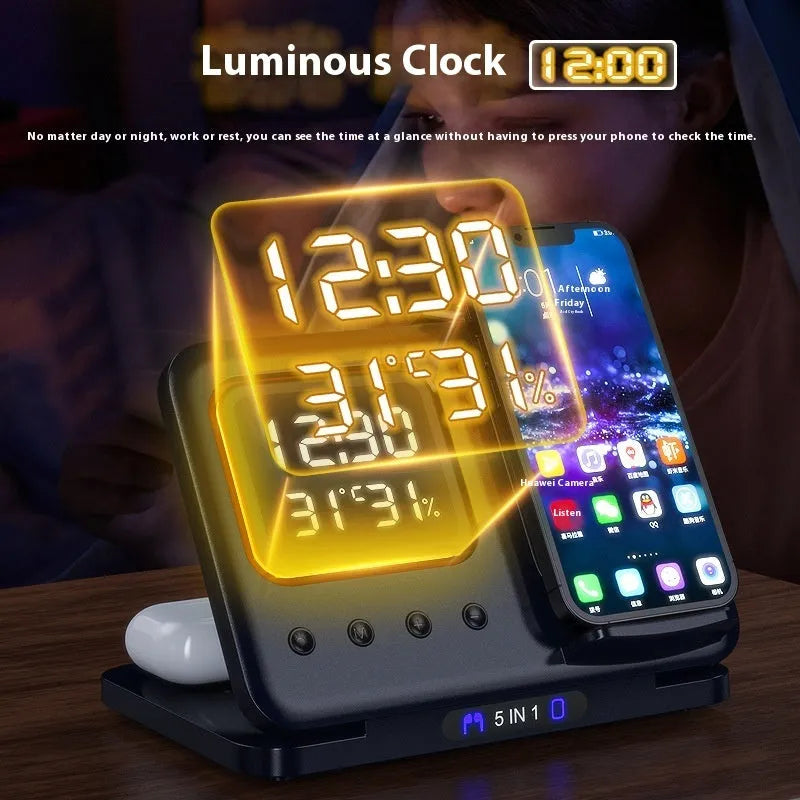 Black and white wireless charging station with phone, watch, and headphones on dock, showing LED time and temperature display.