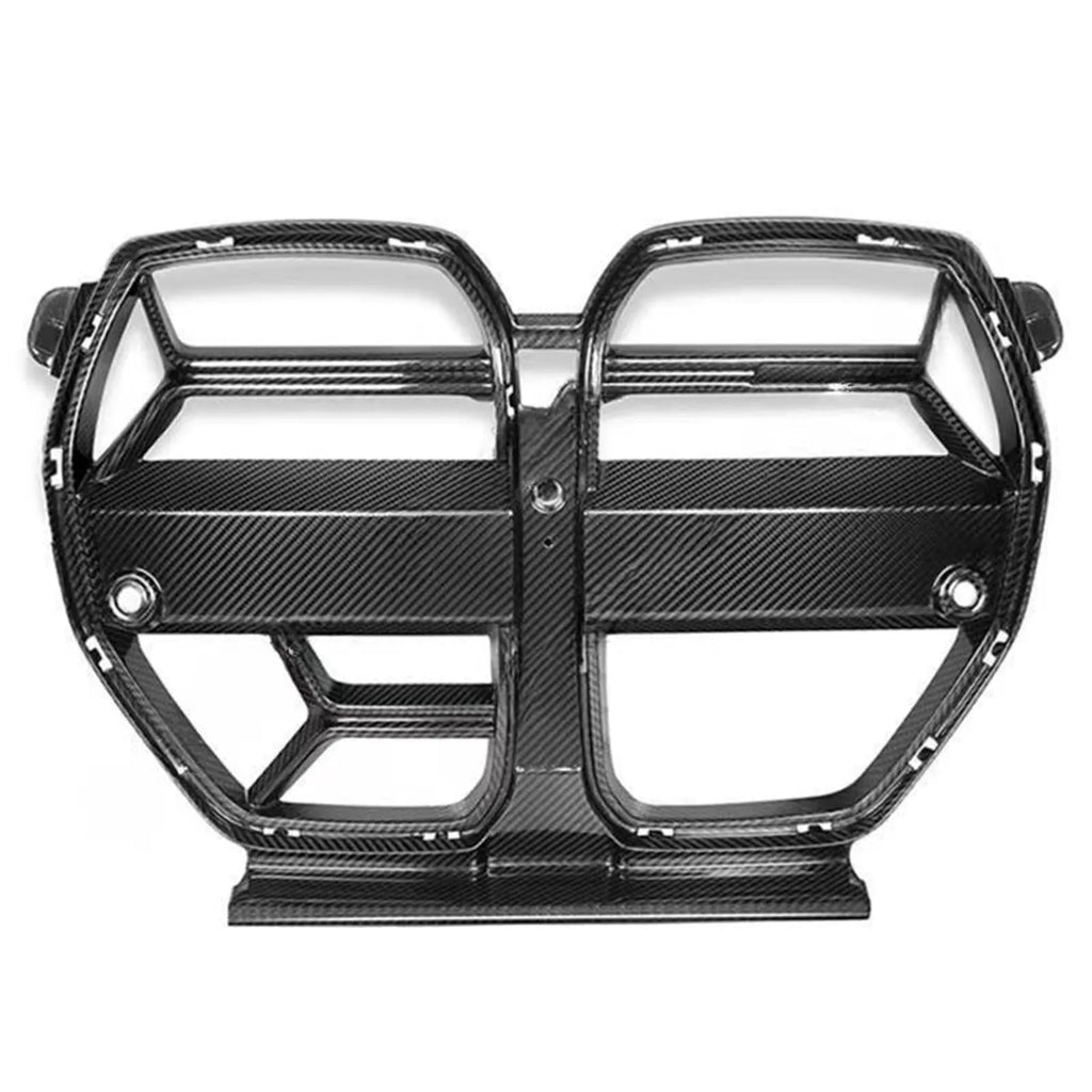 Black dry carbon fibre front bumper grille for BMW M3 M4 G80 G82 with visible 3K weave pattern