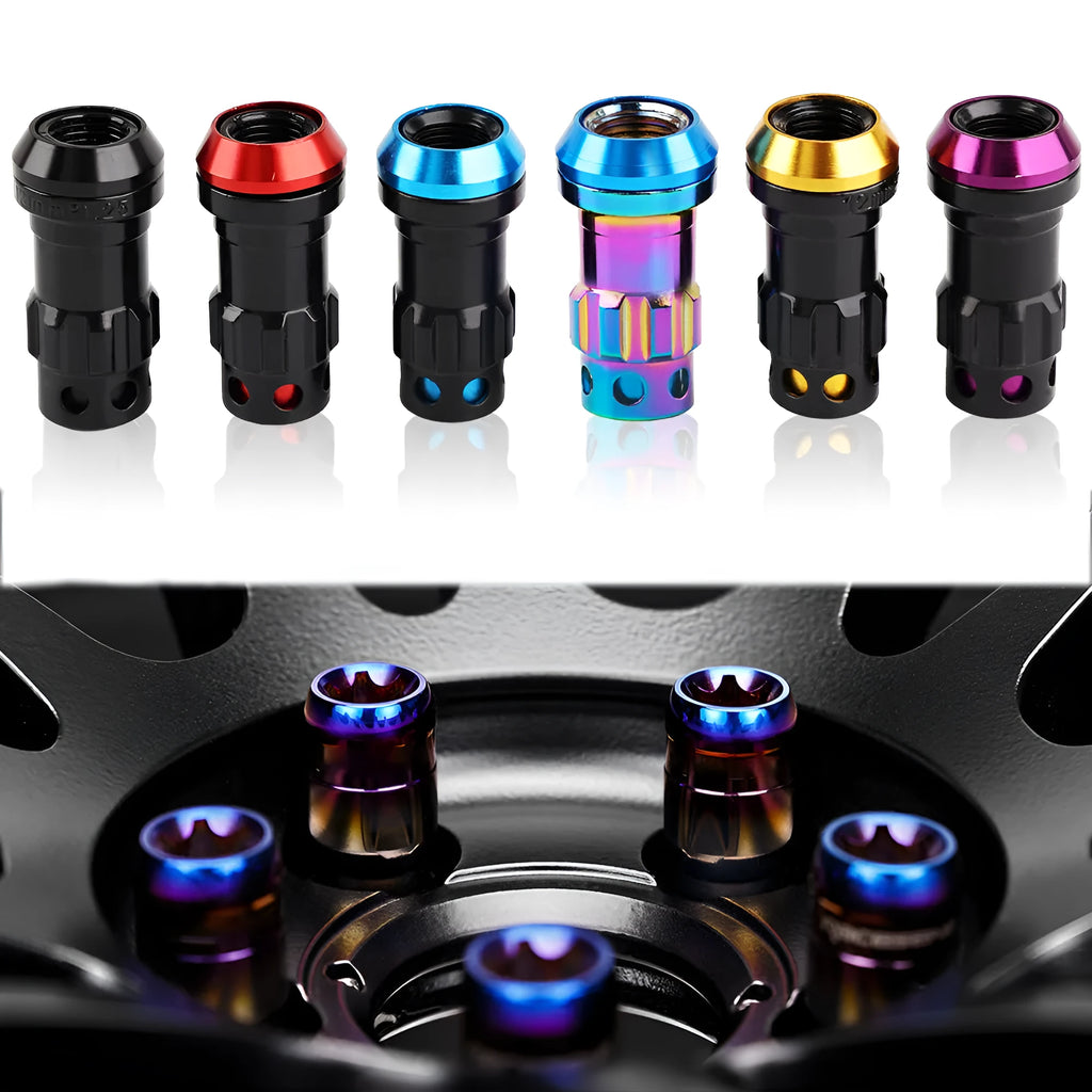 Universal forged aluminium alloy automotive wheel hub nut showing flat head design and available colour options