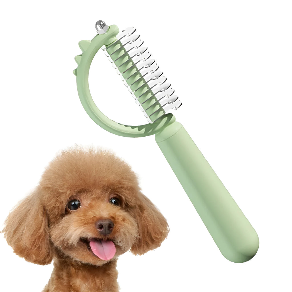 Blue dinosaur-shaped cat brush with stainless steel bristles for self-cleaning grooming
