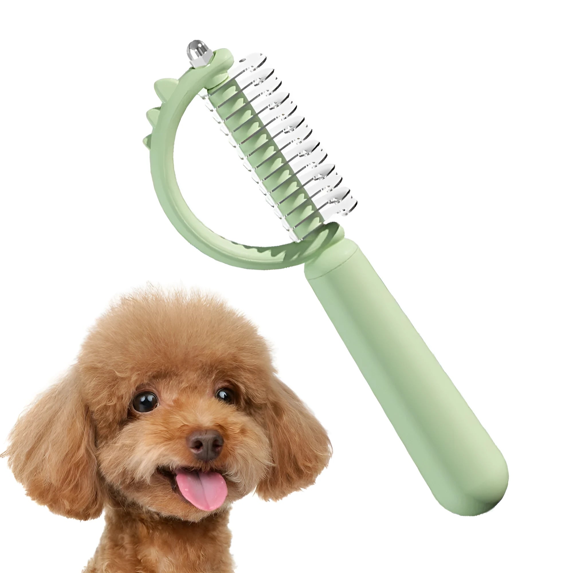 Blue dinosaur-shaped cat brush with stainless steel bristles for self-cleaning grooming