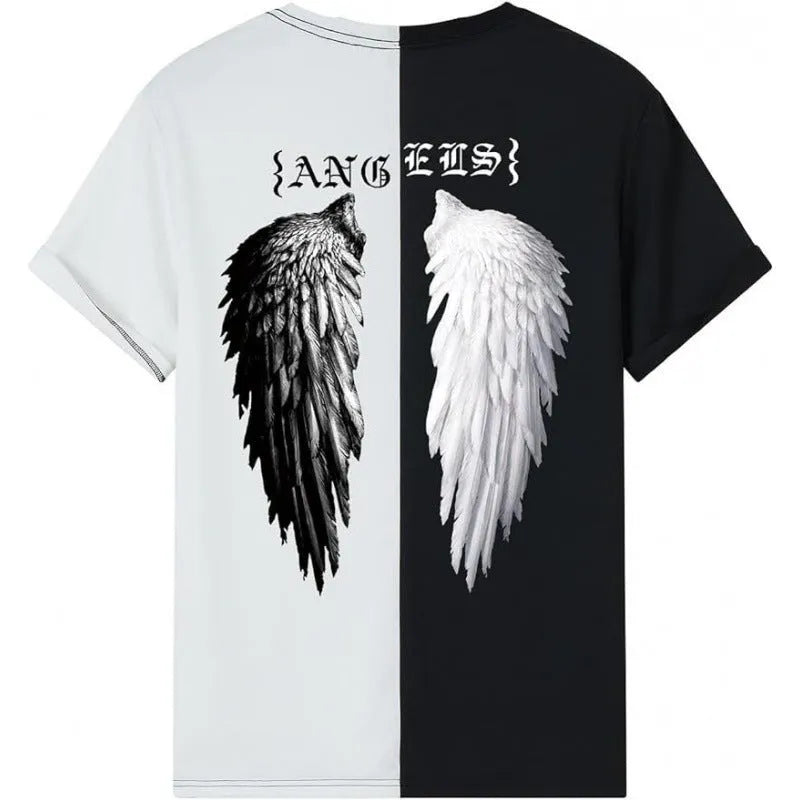 Men's printed short-sleeve street sports t-shirt on a hanger showing one of ten colour designs.