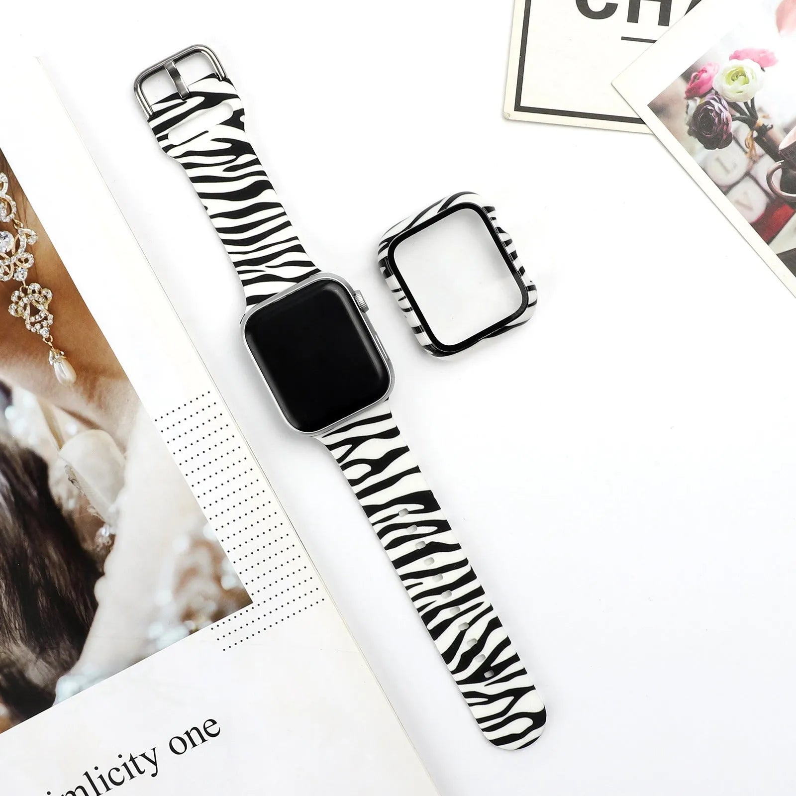 Printed fashion silicone replacement strap for Apple Watch showing multiple design options and 38mm 40mm 42mm 44mm size compatibility.