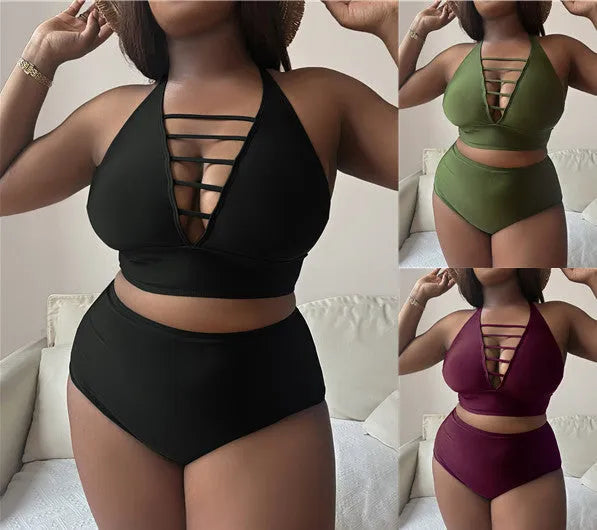 Plus size woman in a black halter bikini with cross-back straps and high-waist briefs on the beach.