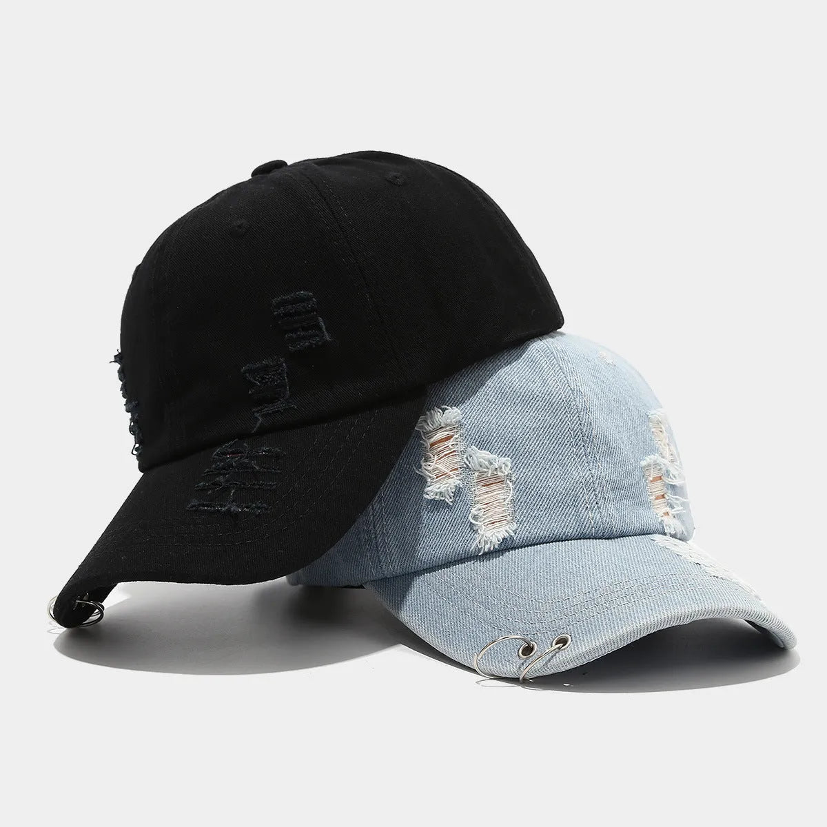 Men's adjustable denim peaked cap in street style with dome crown