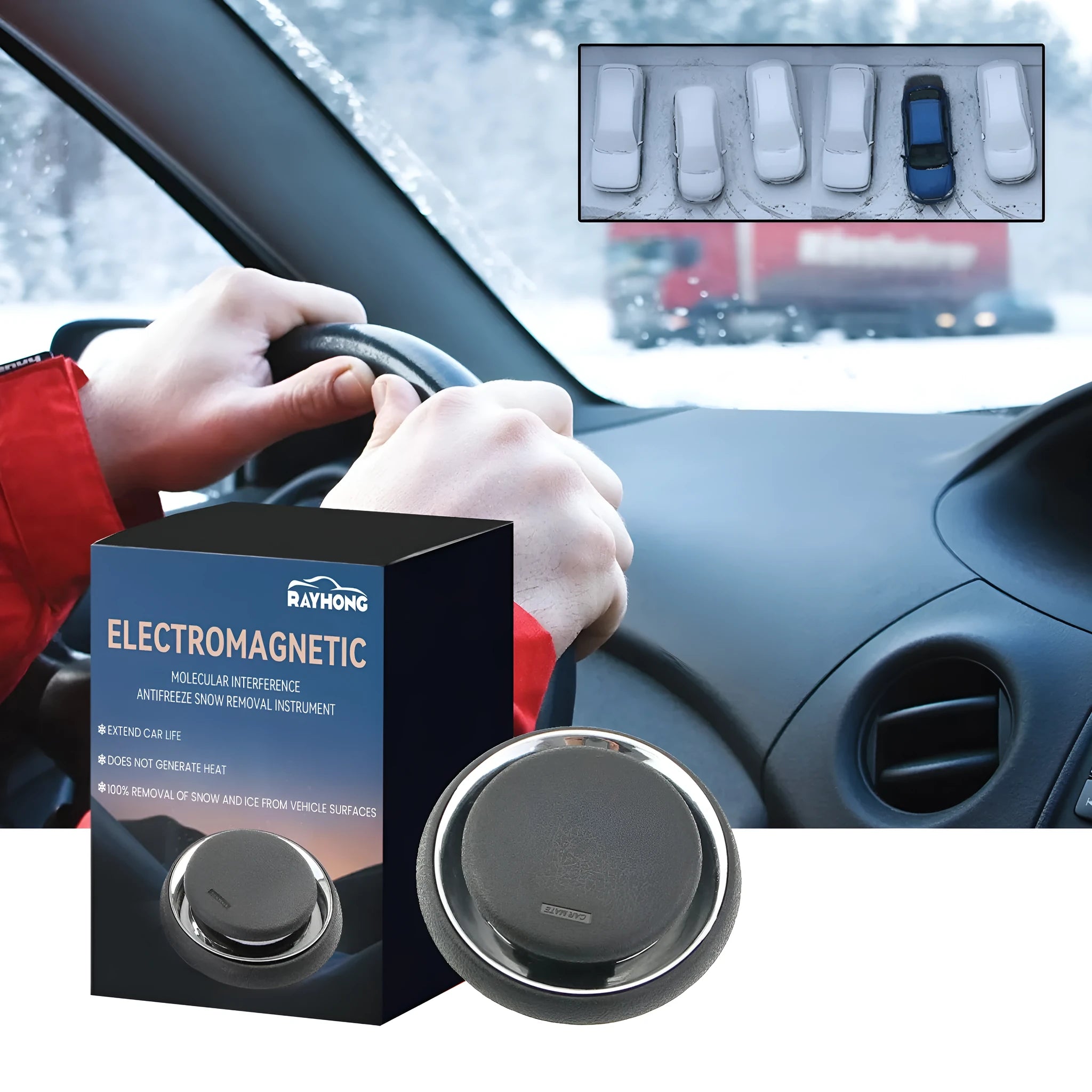 Black portable car deicing and snow melting instrument, 7.4cm wide.