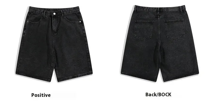Men's light blue denim casual shorts with a straight-leg cut and mid-waist design on a hanger.