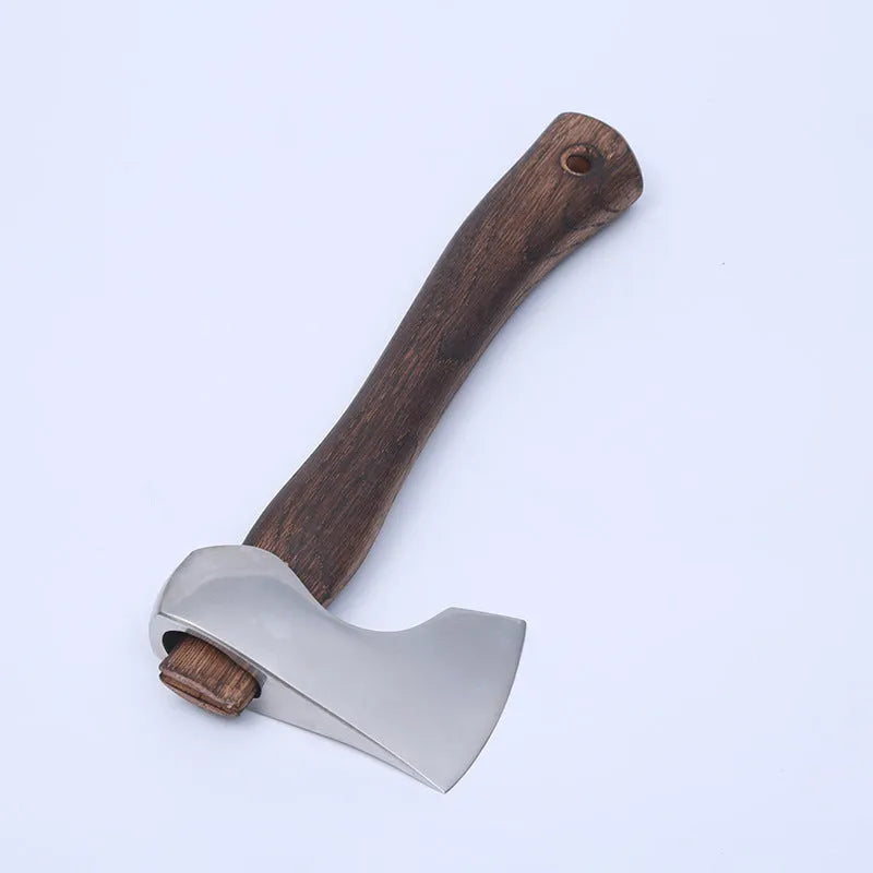 Camping axe with high carbon steel head and wooden handle measuring 250mm length