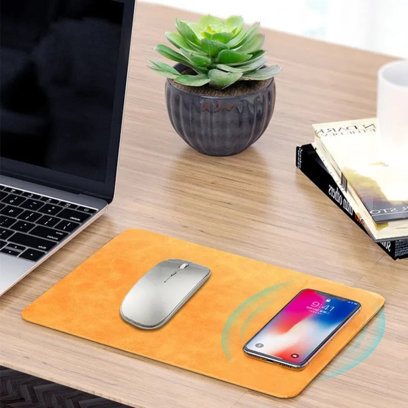 Brown leather wireless charging mouse pad with integrated Qi charging coil and Micro USB port