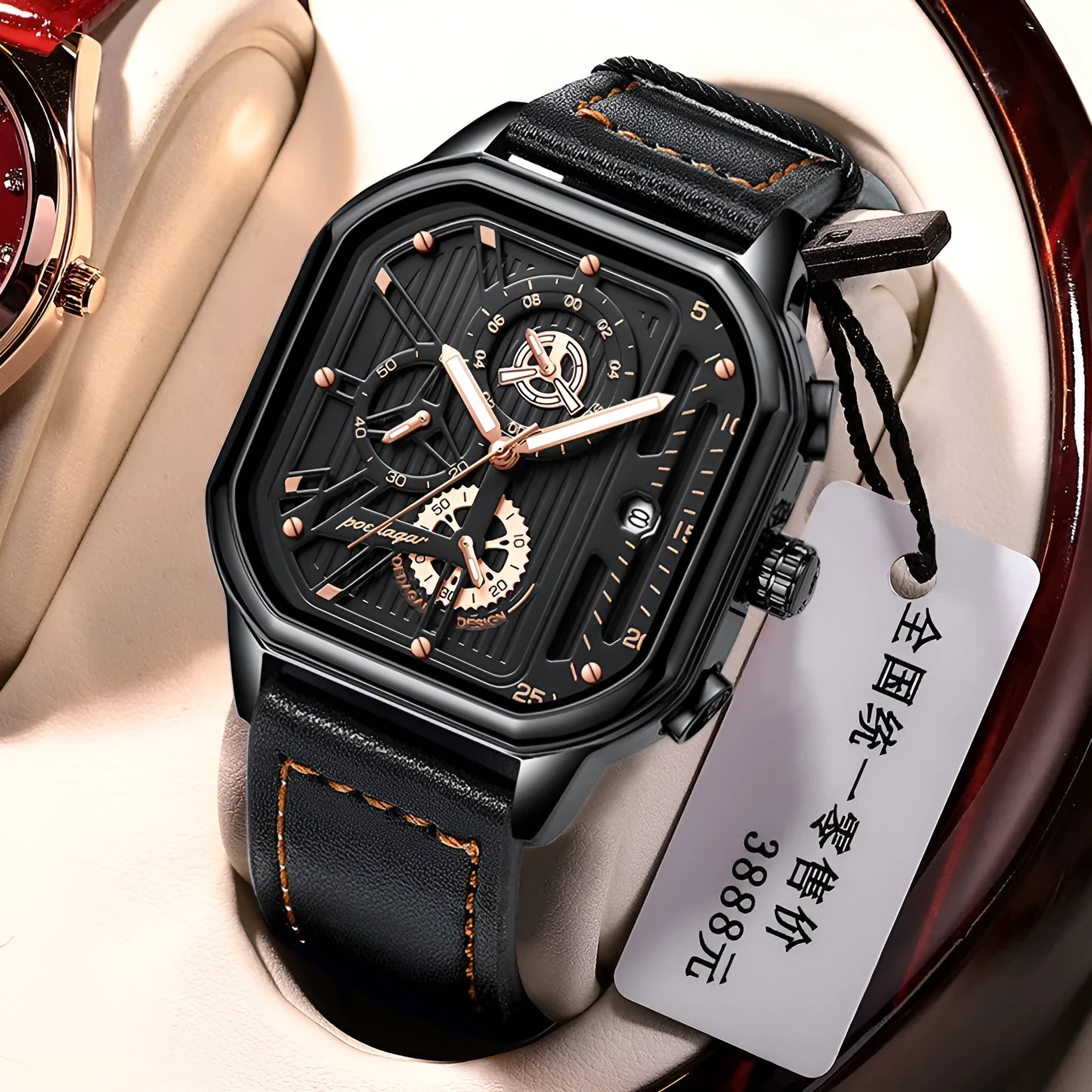 Men's black and gold belt-style sports quartz watch showing 8mm thickness on wrist.