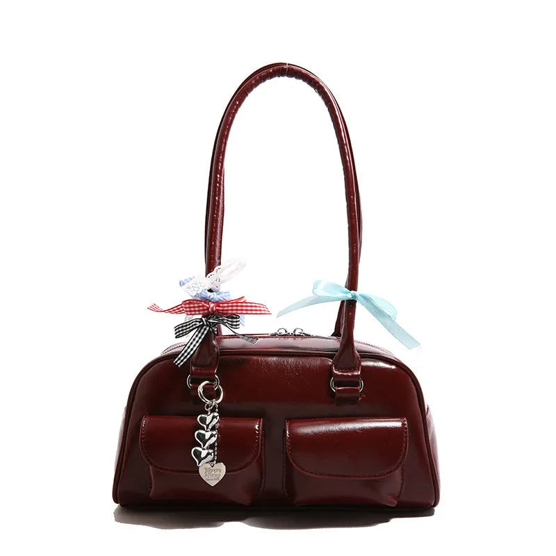 Women's black PU leather retro pillow shoulder bag with double strap and flap closure
