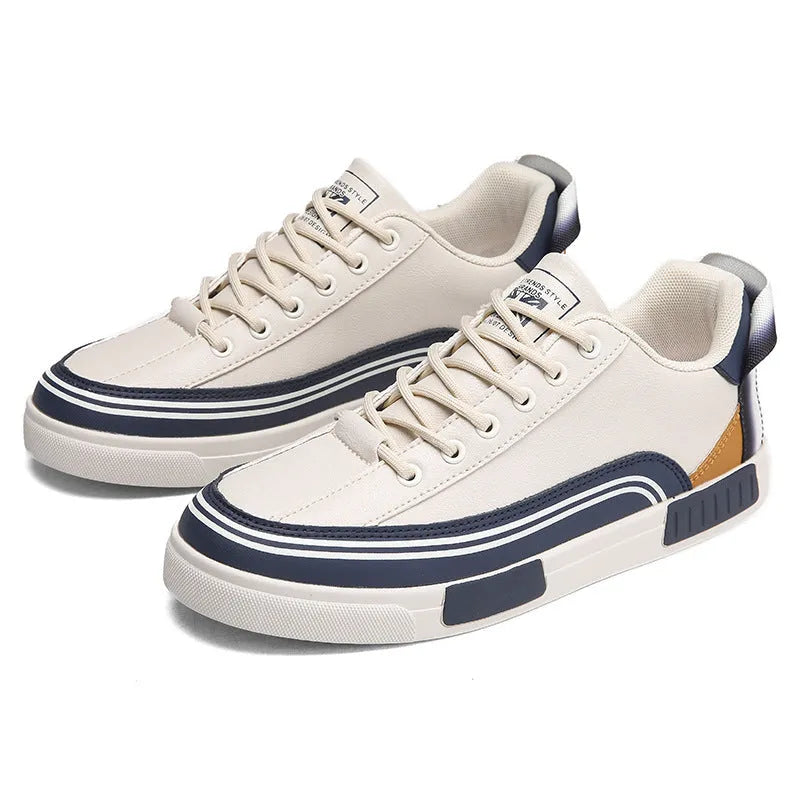Men's beige canvas casual shoes with mesh sections and flat heel
