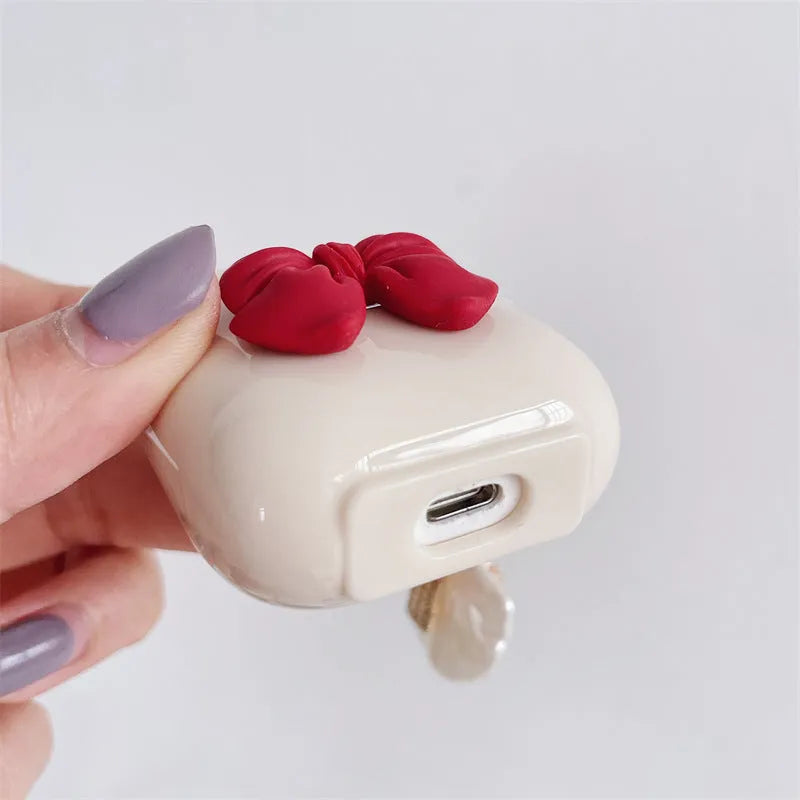 Beige red bow design TPU protective case for AirPods Pro and AirPods 1-3 wireless earphones
