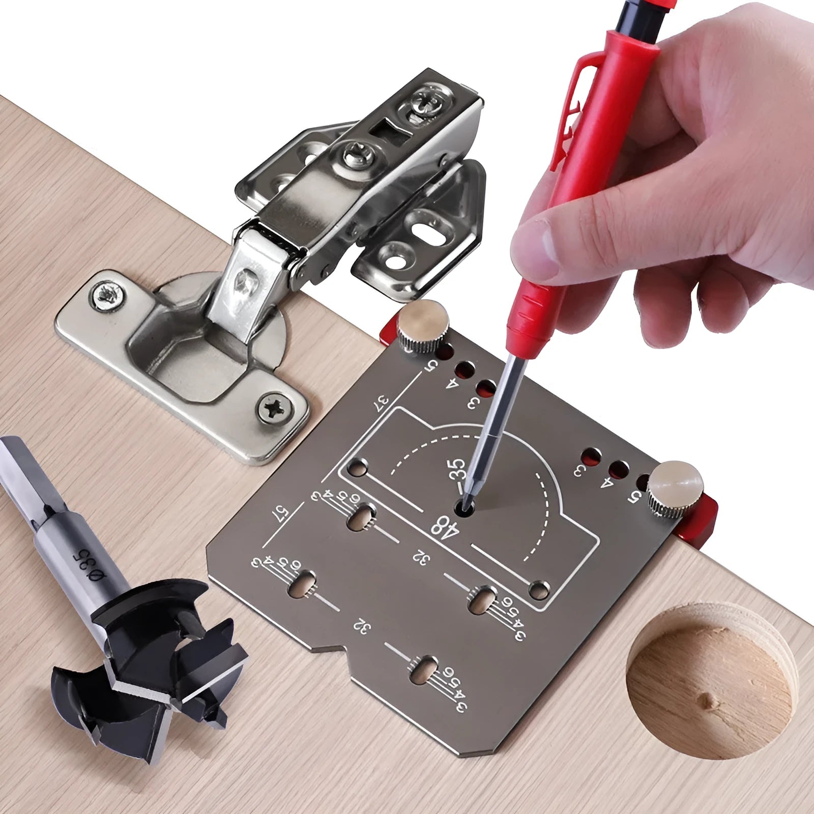 35mm adjustable hinge punch locator ruler with hard alloy blade for cabinet door installation.