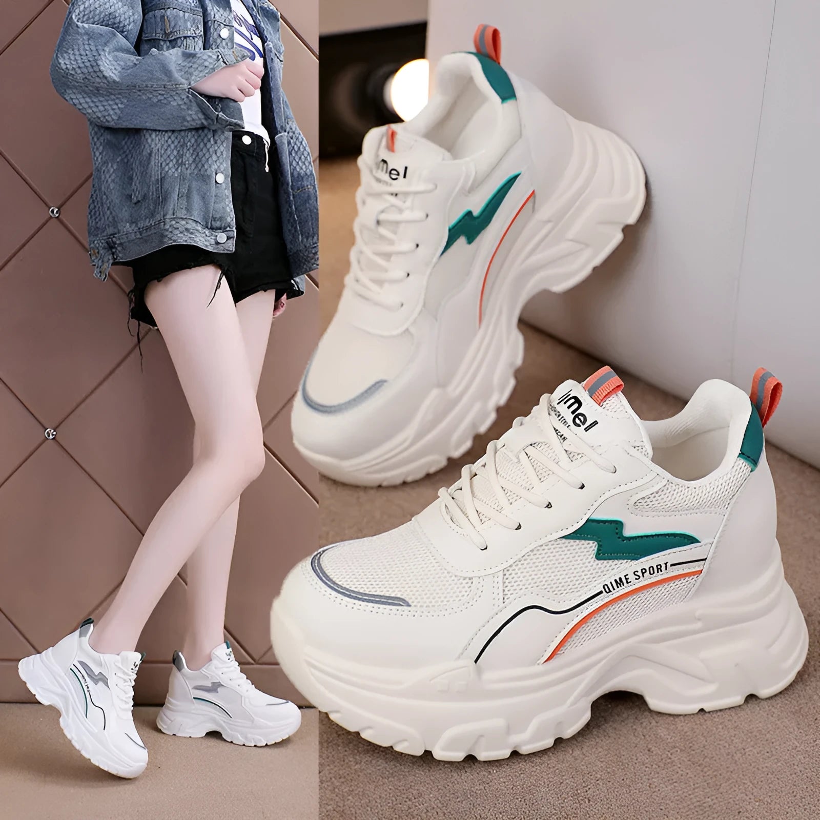 Women's white and beige dad shoes with lace-up front and rubber sole showing mesh material detail
