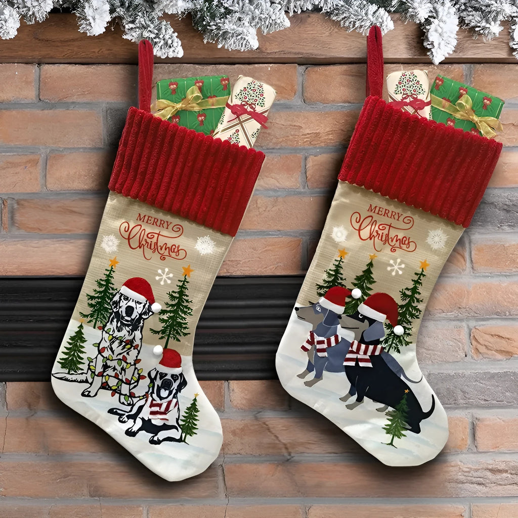 Cloth Christmas gift bag pendant hanging from fireplace measuring 46x28cm in holiday decor setting
