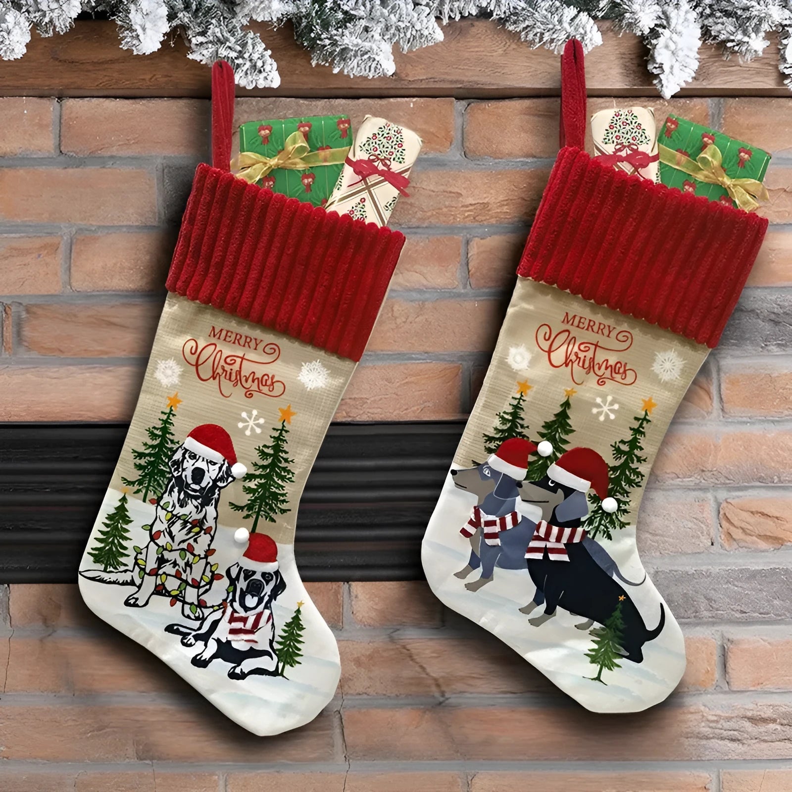 Cloth Christmas gift bag pendant hanging from fireplace measuring 46x28cm in holiday decor setting
