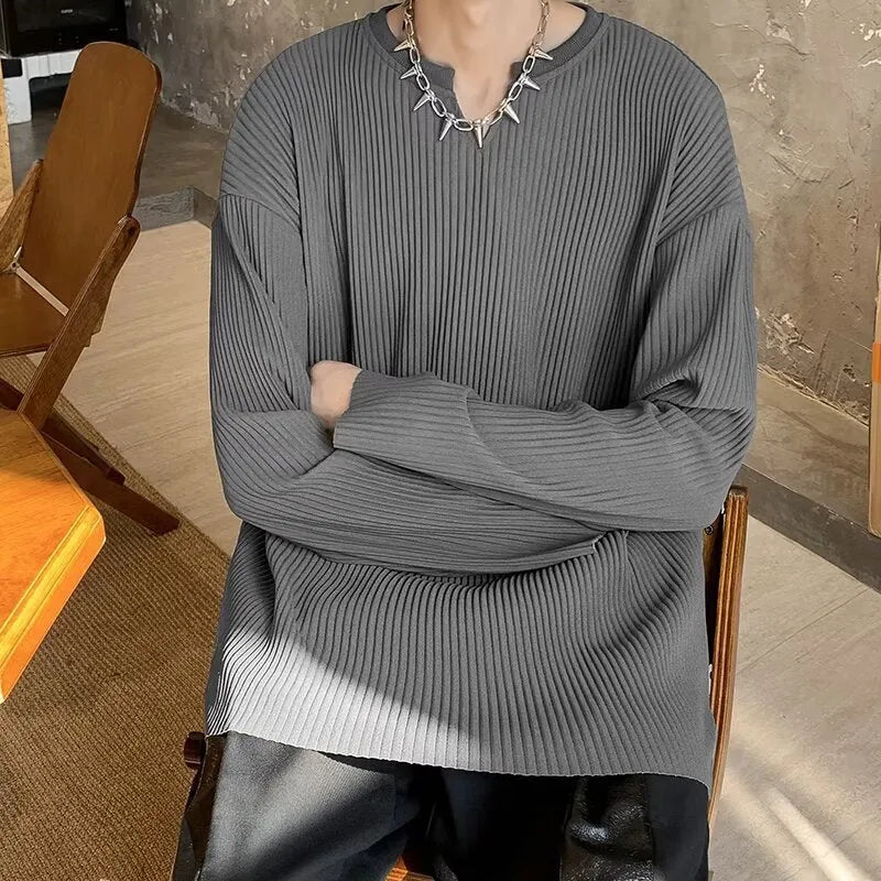 Loose fit long sleeve women's pullover with striped texture in grey