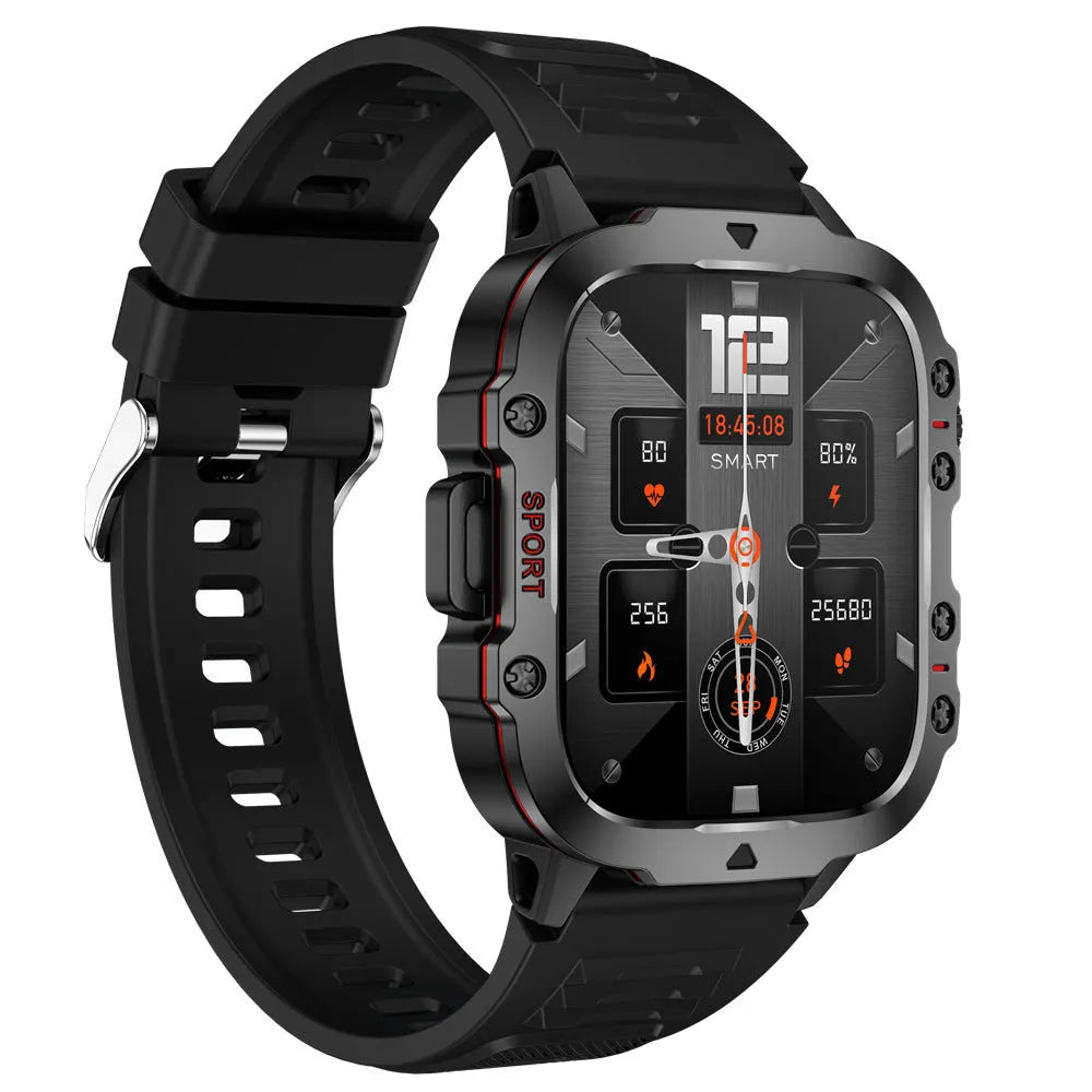 QX11 smartwatch with zinc alloy case on black silicone strap showing touch screen display