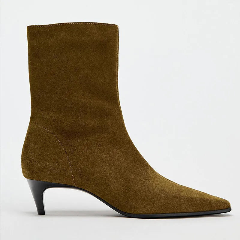 Brown women's square toe ankle boots with a side zip and a mid-height stiletto heel.