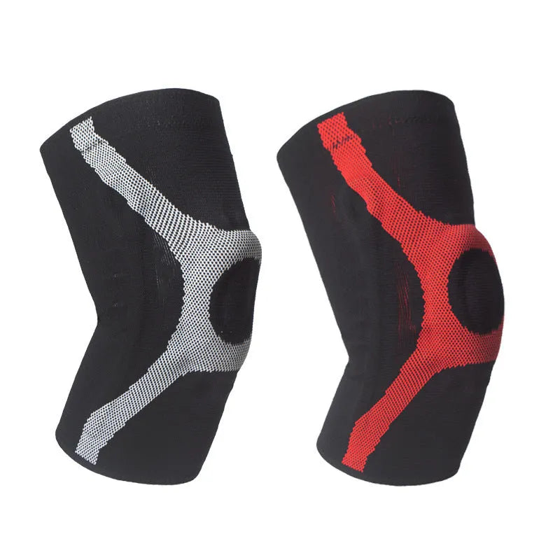 Red and grey silicone sports kneecaps for running and climbing, showing non-slip design.