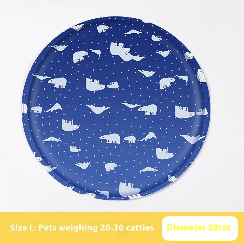 Round cartoon-themed dog cooling mat on a floor, showing gel-filled design and soft cloth cover.