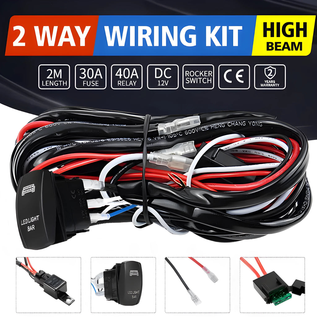 Off-road LED spotlight cable set with 2 metre black wiring and light bar switch