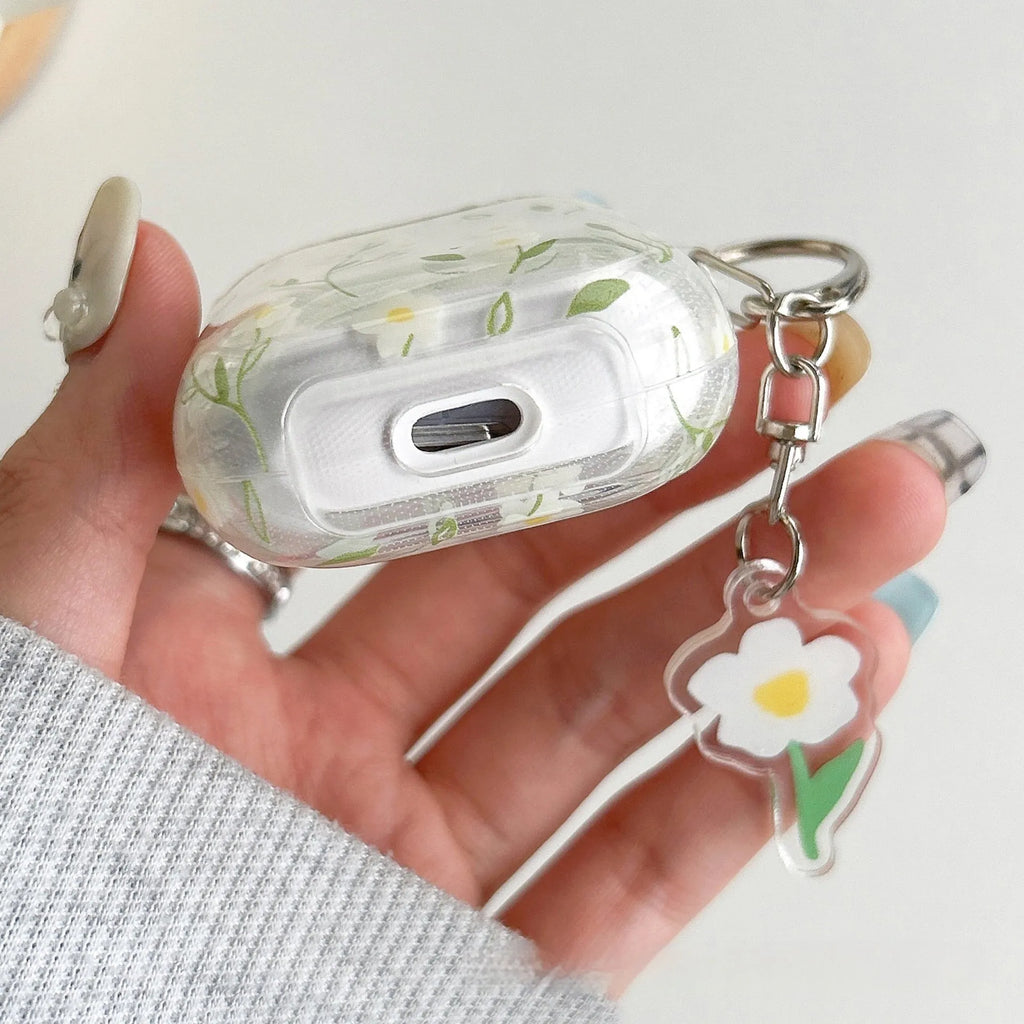 Transparent TPU AirPods case cover with white floral design showing compatibility with multiple Apple AirPods models