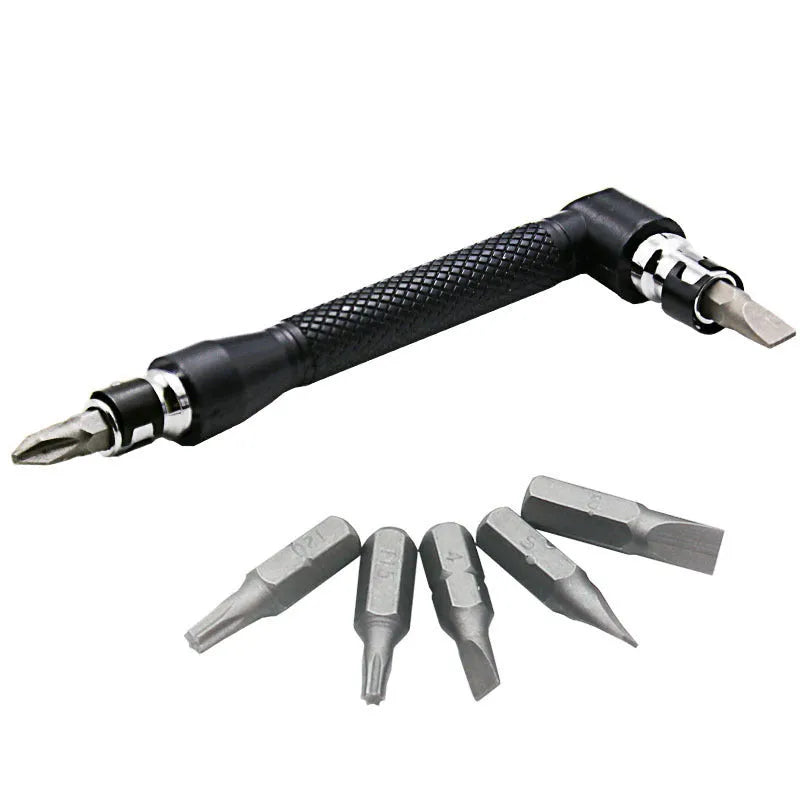 L-shaped double-headed socket wrench with ten drill bits on a white background