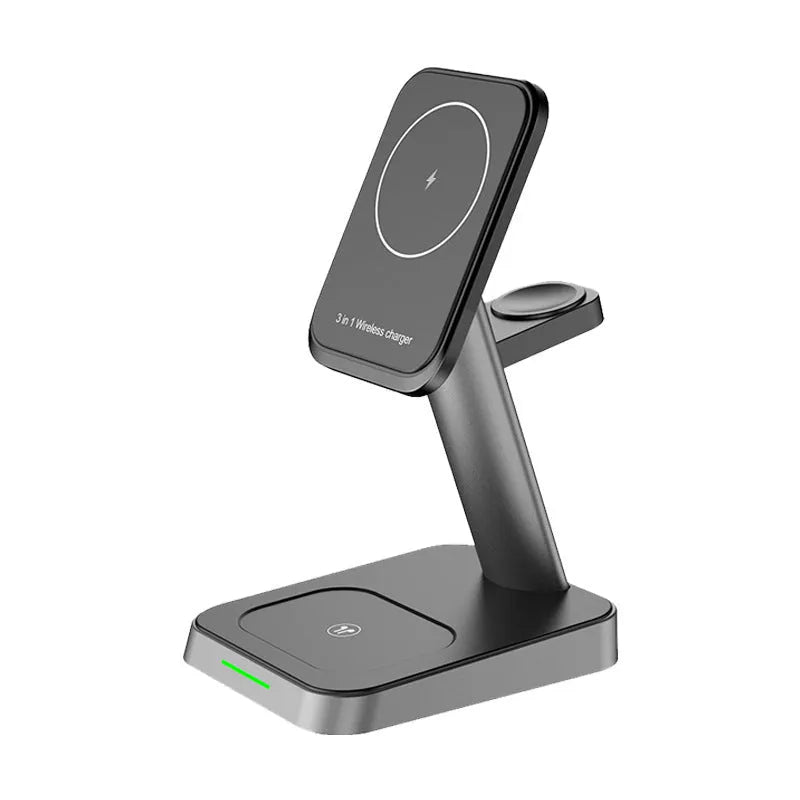 Black vertical wireless phone charger with smartwatch charging and integrated power bank