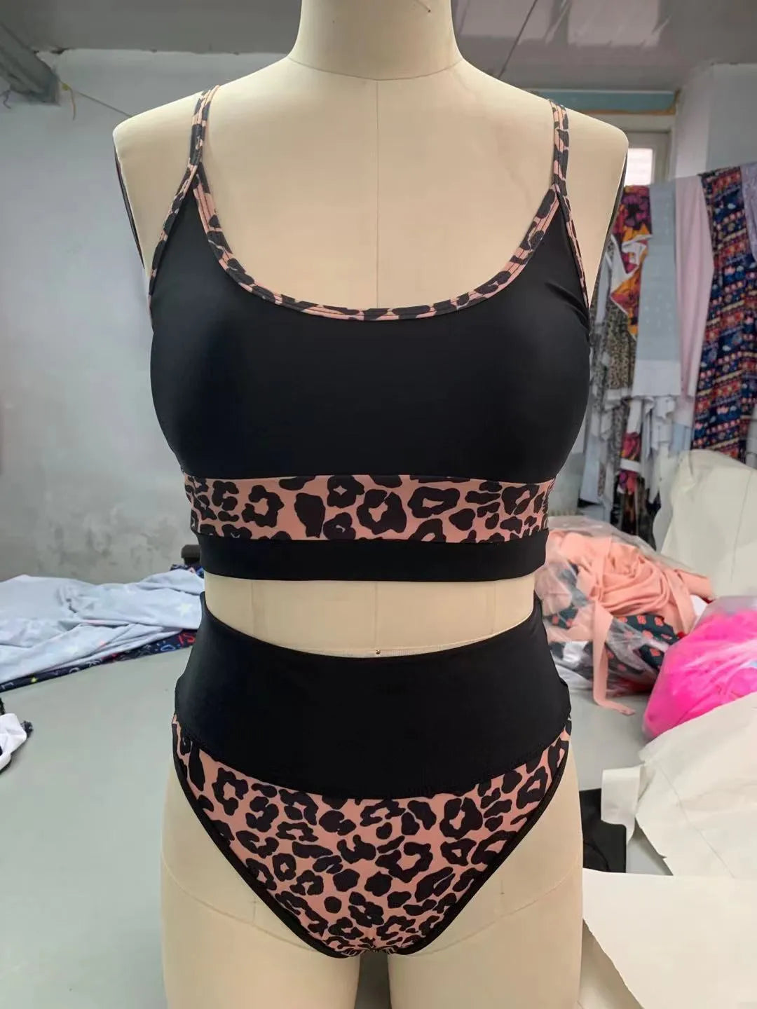 Women's high waist split bikini swimsuit in leopard print and white colours