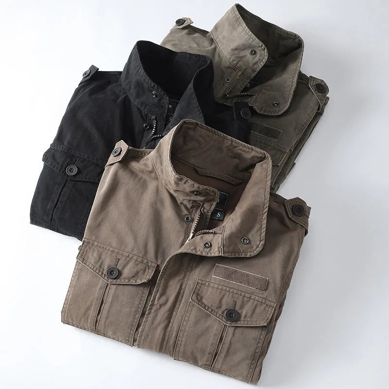 Men's loose fit cotton zip-up jacket in light brown shown on a model.